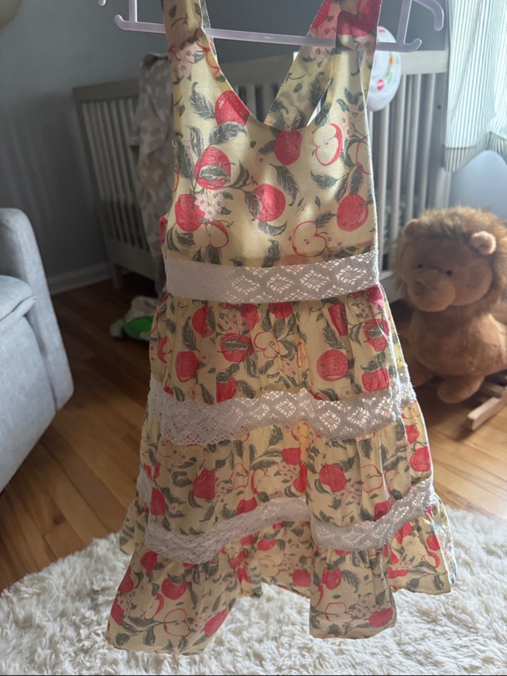 Splendid Cream Dress with Red Apple Print and Lace Trim